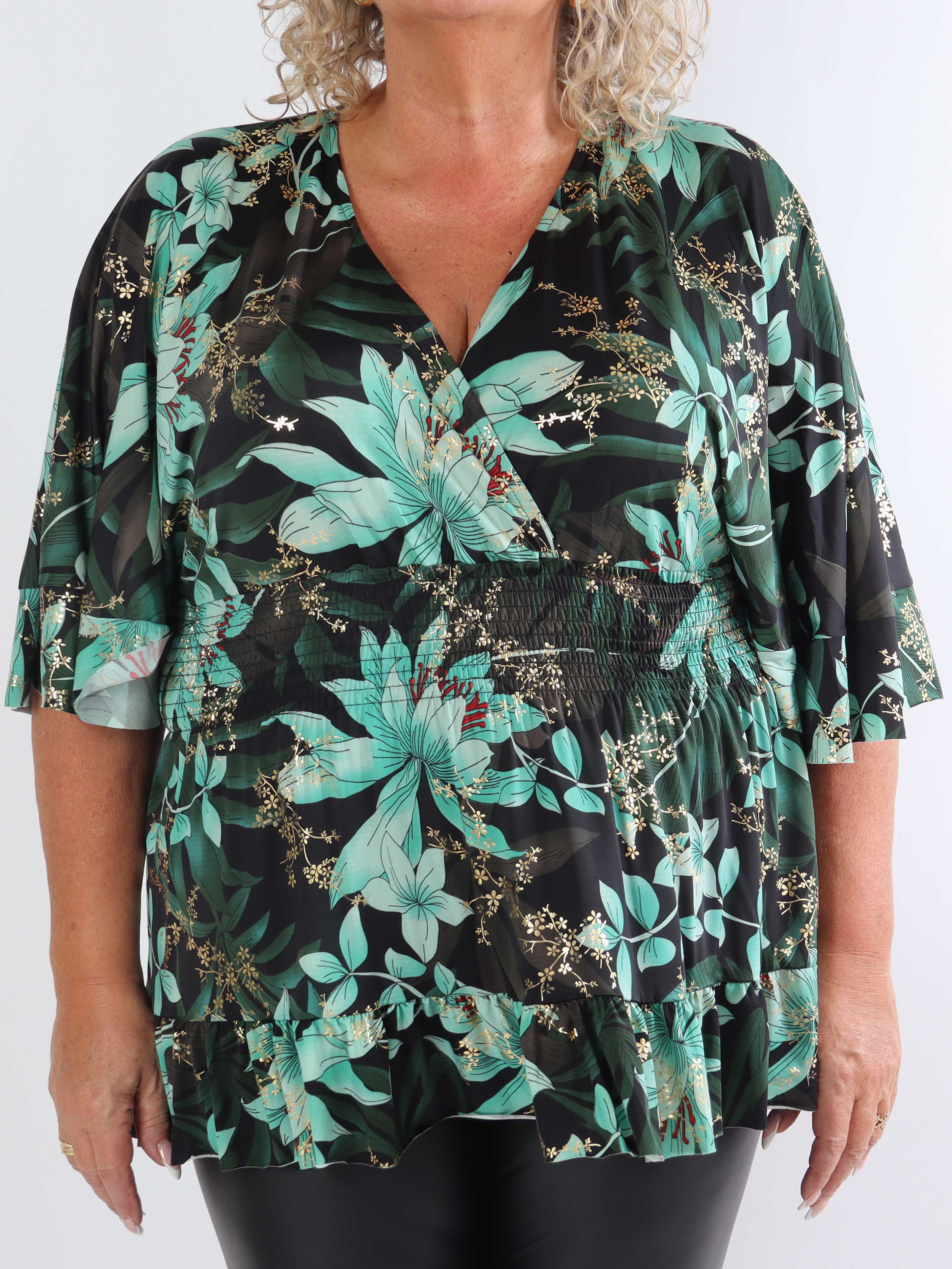 Pamela Gold Flower Shirt - Sød plus size tunika med smock og flæser